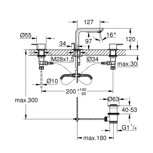 Technische Zeichnung der Grohe Lineare 3-Loch Waschtischarmatur in Chrom mit Maßangaben.