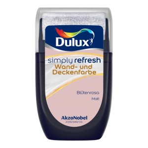 Dulux Simply Refresh Tester Blütenrosa, matte Wandfarbe mit integrierter Mini-Rolle.