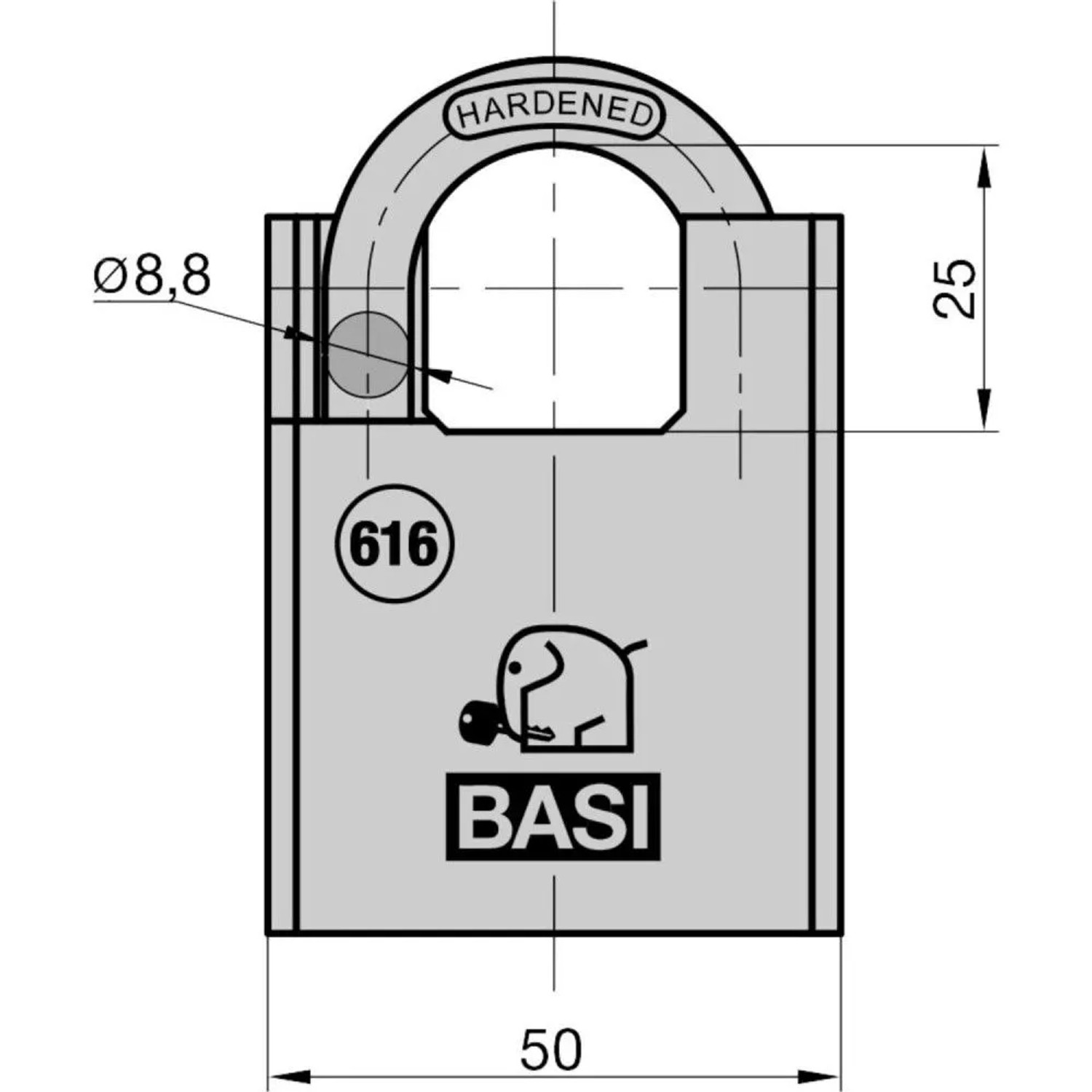 Basi Vorhangschloss 616 mit Bügelschutz, 50mm Breite. Gehärteter Stahlbügel für Diebstahlschutz.