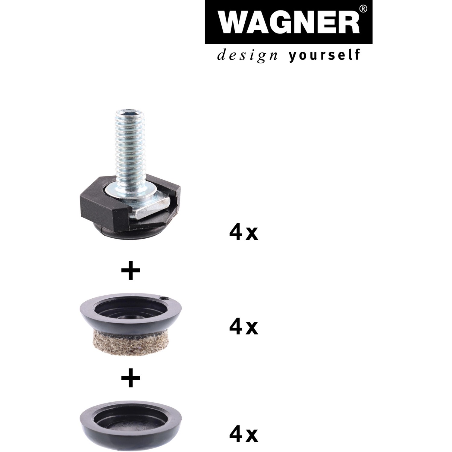 Wagner Verstellfuß Justus Slim QuickClick 4er Set mit Gleiteinsätzen für Möbelbeine.