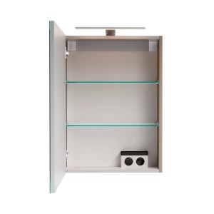 Offener Fackelmann LED-Spiegelschrank SBC Cubanit Grau mit Glasböden und LED-Beleuchtung.
