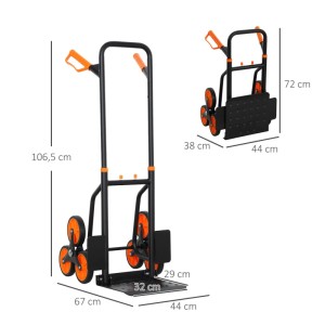 DURHAND Treppensteiger, schwarz-orange, mit 6 Rädern und Teleskopgriff. Ausgeklappt und platzsparend zusammengeklappt.
