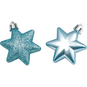 Baumschmuck-Set: 12 hellblaue Sterne, glänzend und glitzernd, aus Kunststoff.