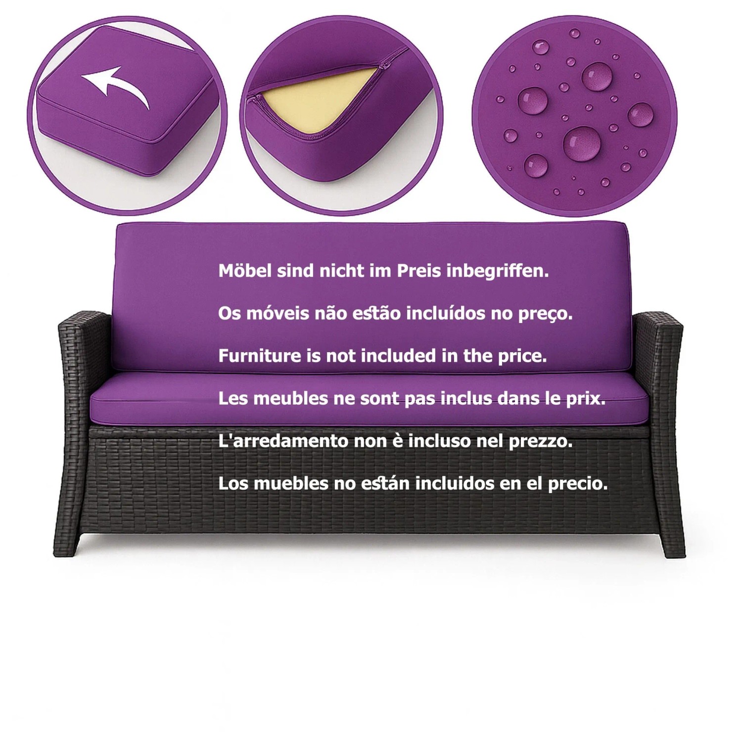 Violettes Gartenkissen-Set für Polyrattan-Möbel, 170x60x50cm, für 3-Sitzer Sofa.