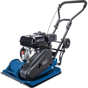 Scheppach Rüttelplatte HP1400S, blaue Baumaschine mit Motor und Transporträdern.