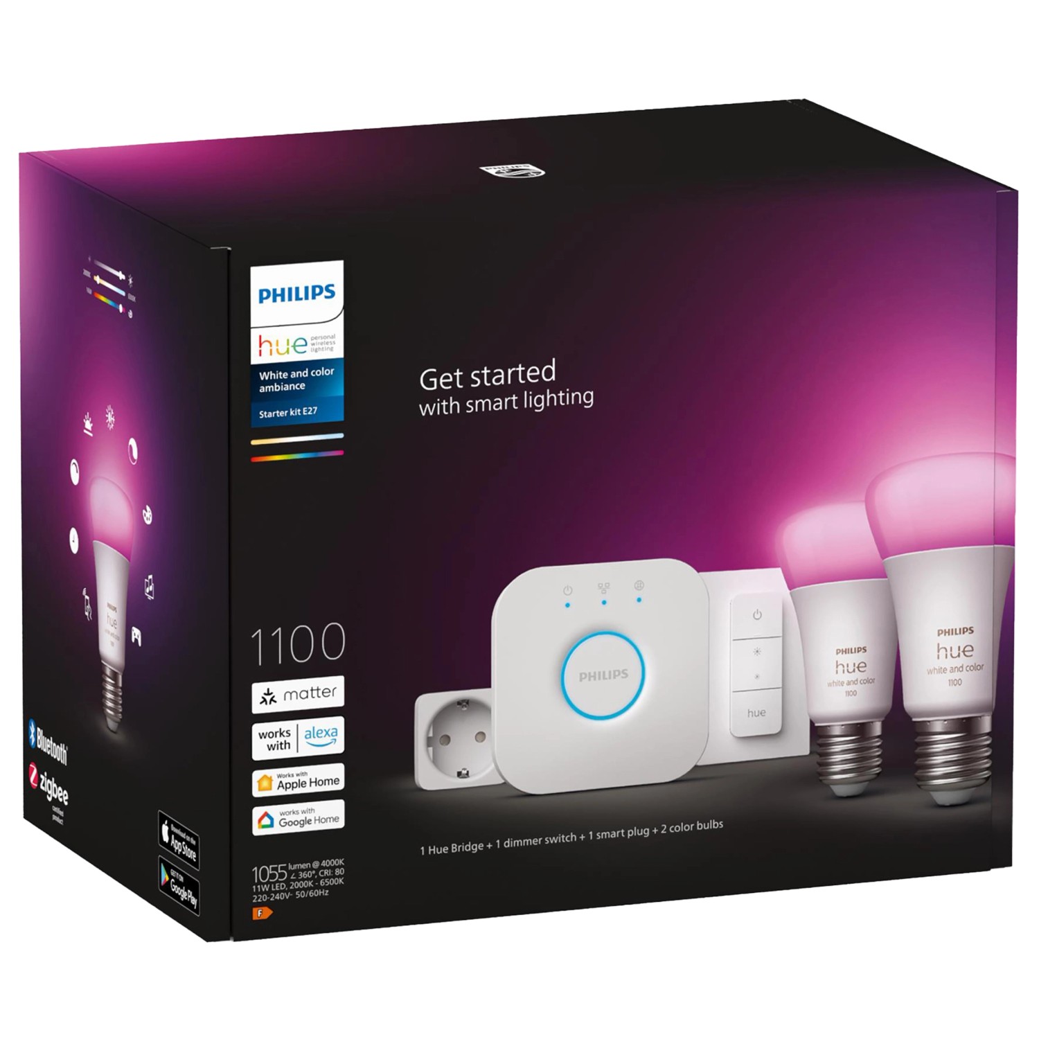 Philips Hue Starter-Set mit 2 E27 Leuchtmitteln, Bridge, Dimmer und Smart Plug in Originalverpackung.