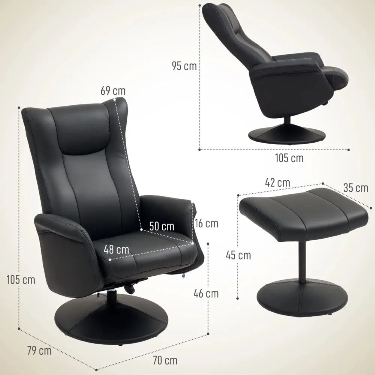 Schwarzer HOMCOM Relaxsessel aus Kunstleder mit Hocker. Der Loungesessel ist drehbar und neigbar für optimalen Komfort.