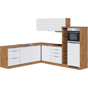 Moderne Winkelküche in Weiß-Wotaneiche Optik mit E-Geräten, 240-270 cm breit.