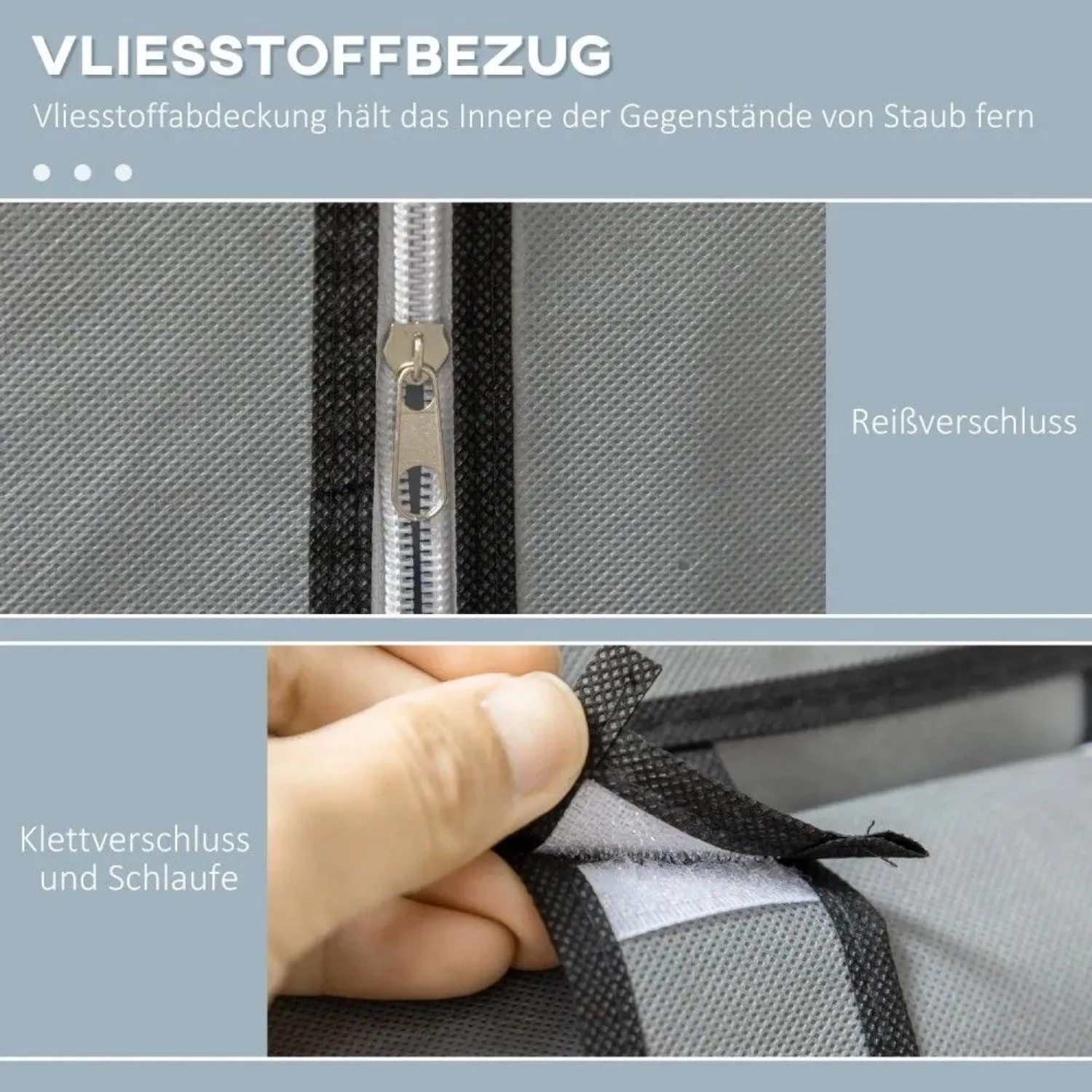 Nahaufnahme des grauen Vliesstoffbezugs des HOMCOM Kleiderschranks mit Reißverschluss und Klettverschluss.