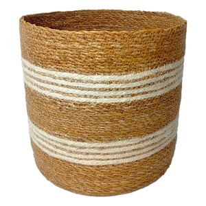 Naturfarbener Boltze Korb Giada aus Jute/Seegras, 28x29x28 cm, mit weißen Streifen. Aufbewahrungsbox.