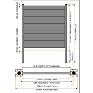 Skizze: Kovalex Steckzaun Erweiterungsmodul in Anthrazit mit Maßen für Montage und Aufbau.