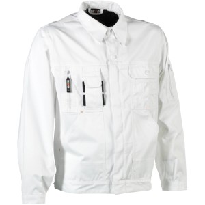 Weiße Herock Aton Arbeitsjacke (Größe M) mit vielen Taschen und einstellbaren Bündchen.
