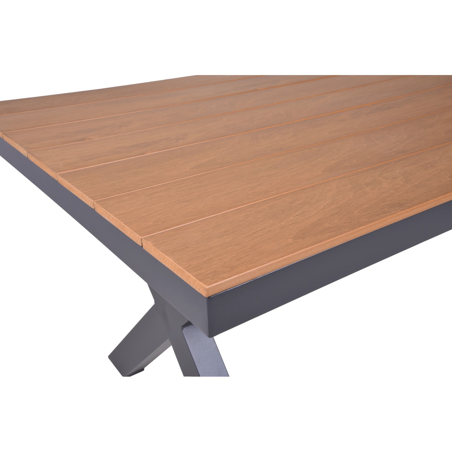 Rechteckiger, braun-schwarzer Gartentisch Silea (93,5x173cm) mit Holzplatten-Optik und robustem Aluminiumgestell.