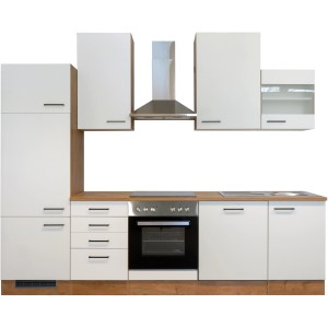 Helle Flex-Well Einbauküche Vintea 280 cm in Magnolia-Lancelot Oak Optik mit E-Geräten.