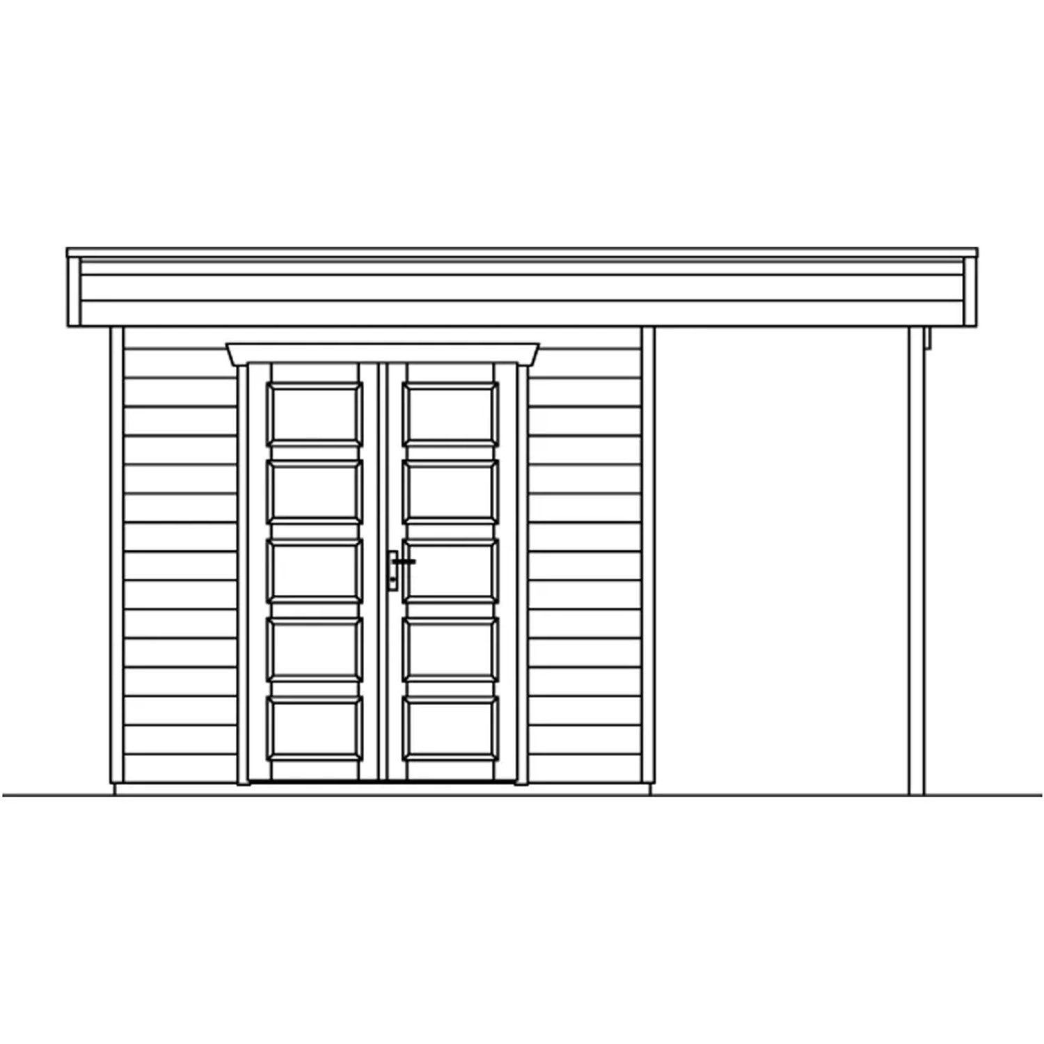 Skan Holz Gartenhaus Venlo 2, schiefergrau, 380x250 cm, mit Doppeltür und Anbau. Holz-Gartenhaus.