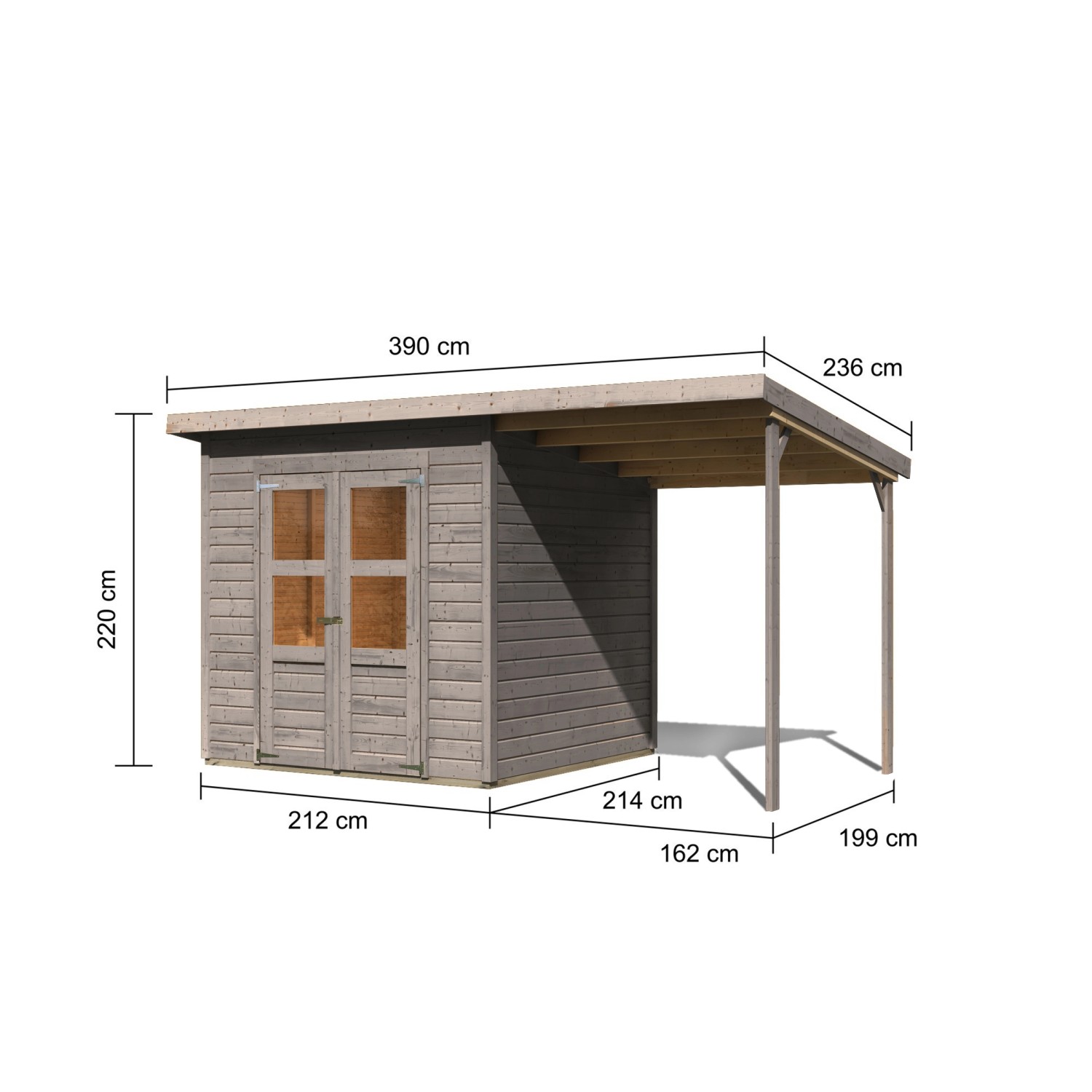 Karibu Gartenhaus Vellinge mit Anbaudach, vorvergraut, Maße: 219 x 208 x 210 cm.