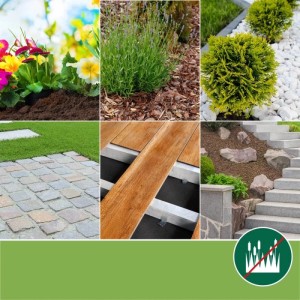 Anwendungsbeispiele für Moorland Gardur Unkrautvlies: Beet, Terrasse, Gartenwege.