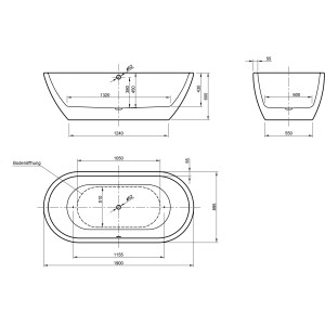 Technische Zeichnung: Freistehende Badewanne Carney, 190x89,5 cm, Maße und Details.