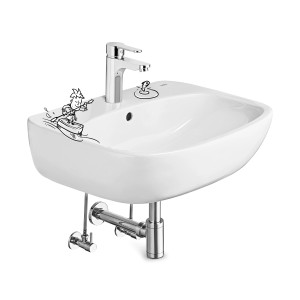 Weißes baliv Waschbecken-Set 60 cm mit Armatur und eckiger Form für das Badezimmer.