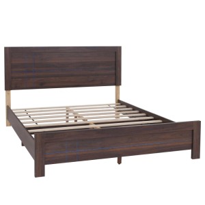 Queen Size Bett 160x200 cm in Walnuss-Optik mit Lattenrost und blauem Glitzerlinien-Design.