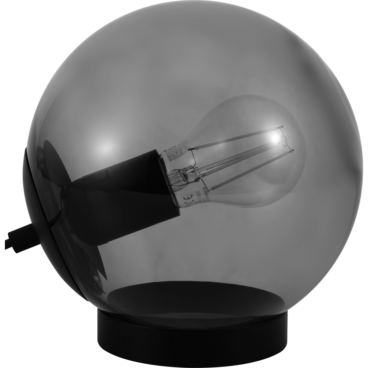 Graue Design-Tischleuchte mit Rauchglas-Schirm und schwarzem Metallfuß, 18,5 cm hoch.