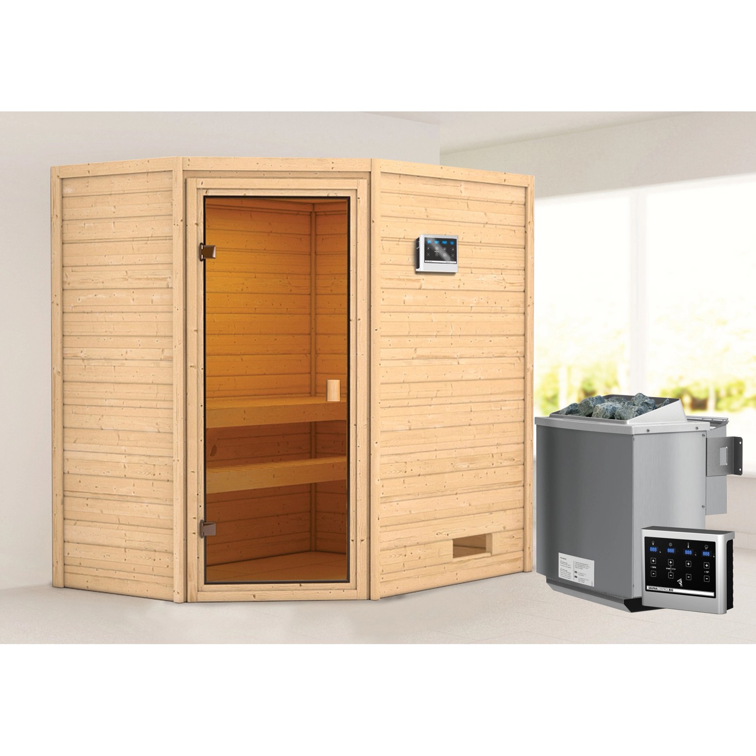 Woodfeeling Sauna Jella mit Bio-Ofen und bronzierter Glastür. Massivholzsauna für entspannende Stunden.