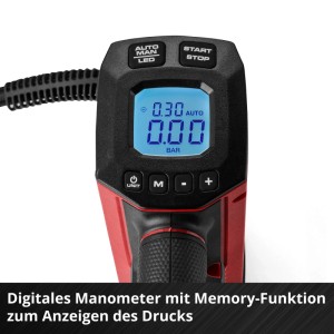 Digitales Manometer des Einhell Akku-Autokompressors mit blauer LCD-Anzeige für Druckwerte und Memory-Funktion.