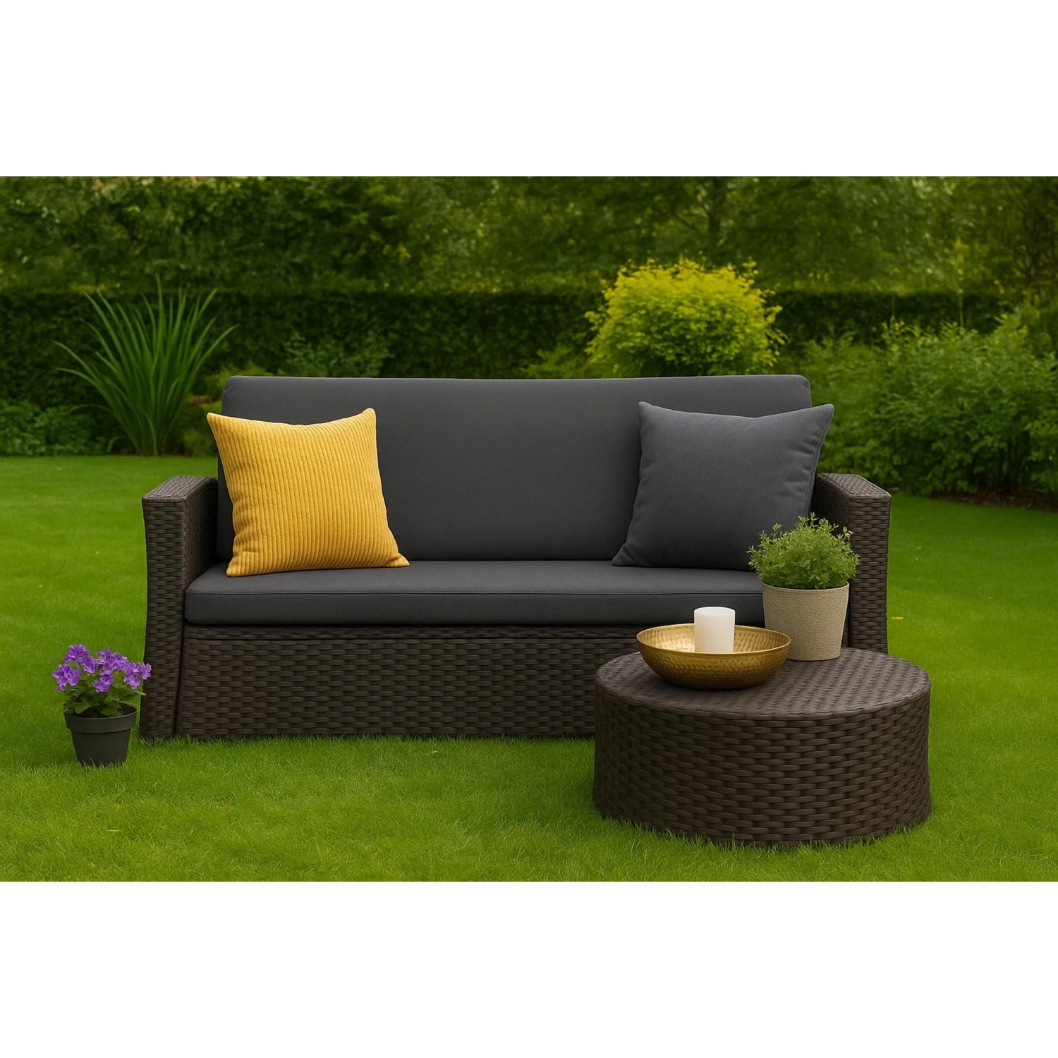 Anthrazitfarbenes Gartenkissen-Set für Polyrattan-Möbel, bestehend aus Sitz- und Rückenkissen für ein 2-Sitzer-Sofa.