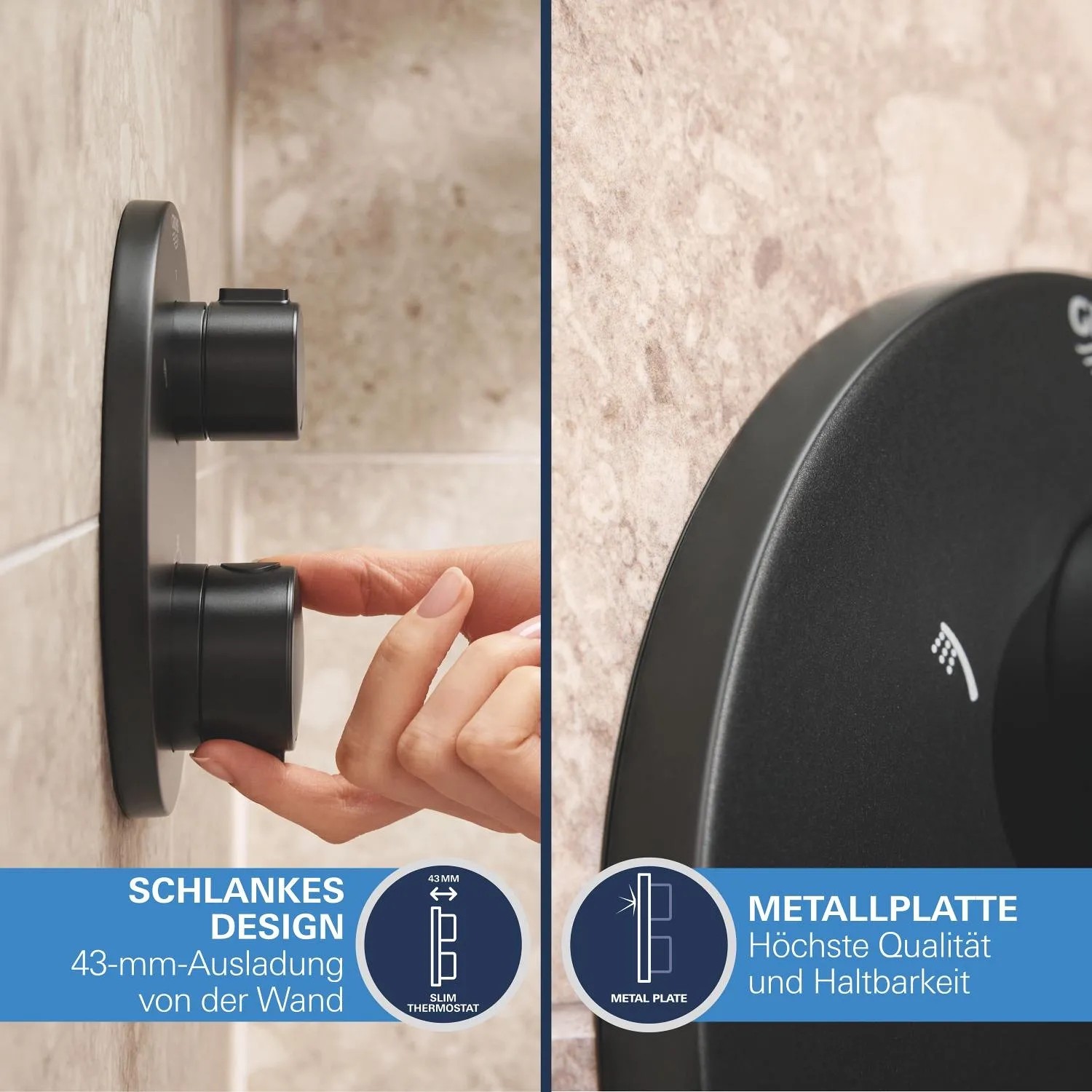 Detailaufnahme: Schwarzes Grohe Precision Thermostat Duschsystem Unterputz mit Hand am Temperaturregler.