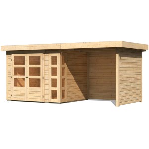 Unbehandeltes Karibu Holz-Gartenhaus Sölve mit Flachdach und Anbau.