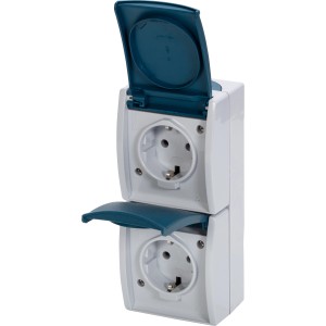 Busch-Jaeger Ocean 2-fach Aufputz-Steckdose, grau-blaugrün, mit Klappdeckel, IP44 Feuchtraum geeignet.