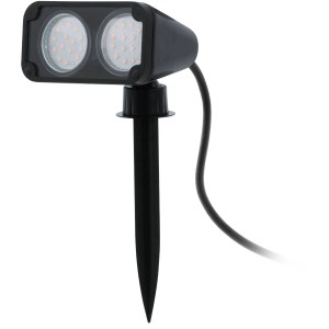 Schwarzer Eglo LED Gartenstrahler Nema 1 mit Erdspieß, 2-flammig, 3W, für den Außenbereich.