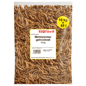 Supravit getrocknete Mehlwürmer, 10 kg, in transparenter Tüte. Proteinreiches Wildvogelfutter.