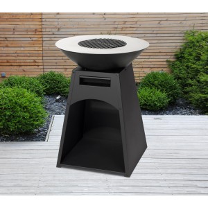 Schwarzer Tepro Säulengrill Waco als Feuerstelle mit Grillrost und Holzlagerung.