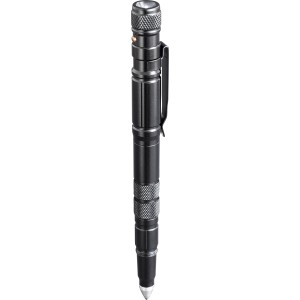 Schwarzer LUX Taktikstift 7-in-1 mit LED-Taschenlampe, Glasbrecher und Kugelschreiber.