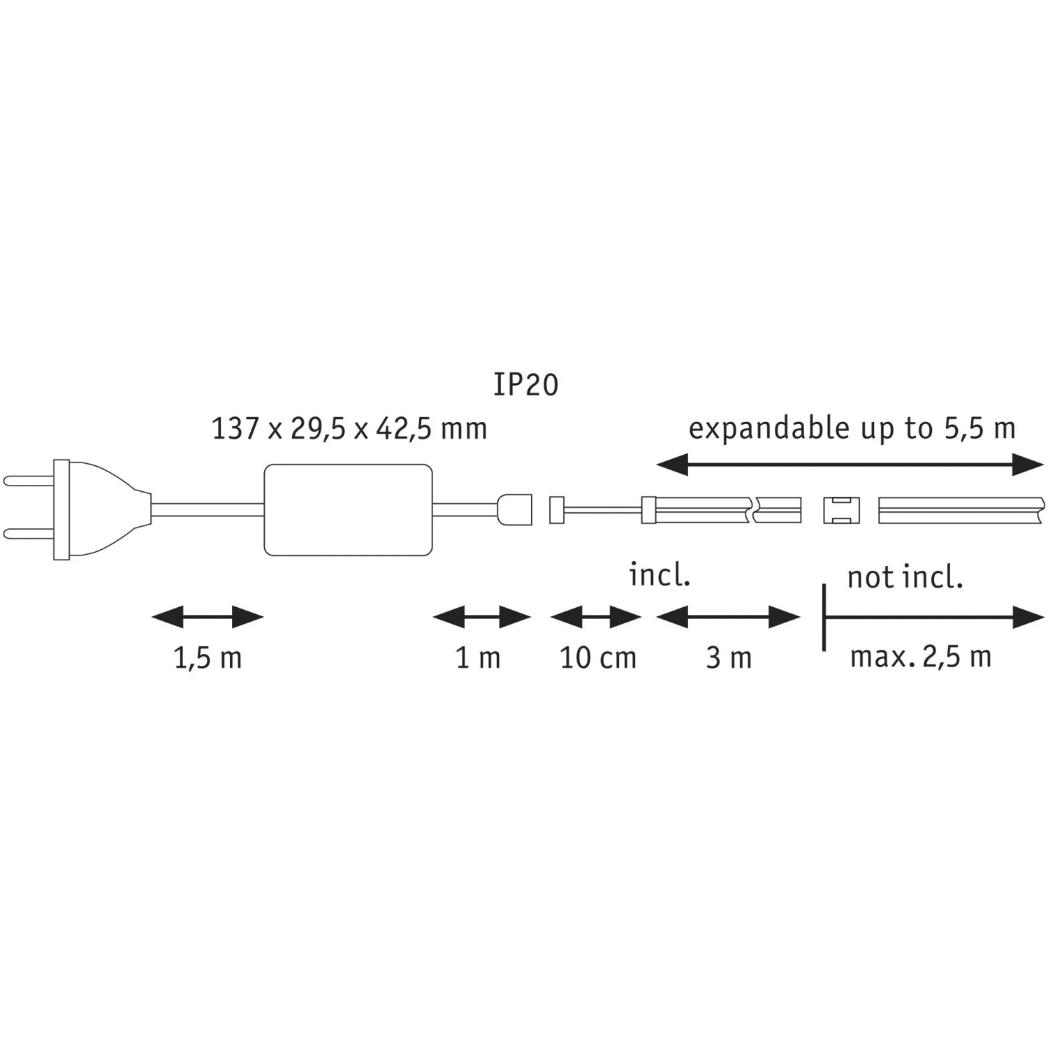 Schemazeichnung Paulmann MaxLED 500 LED Strip COB Basis-Set 3 m mit Maßangaben.