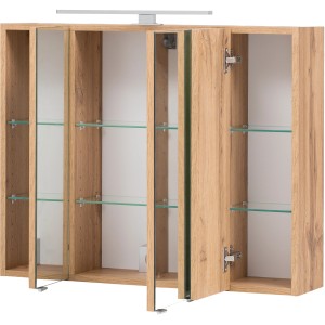 Geöffneter Held Möbel 3D-Spiegelschrank Salerno 80 cm in Wotaneiche mit Glasböden und Aufsatzleuchte.