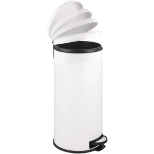 Wenko Tret-Mülleimer Leman, 30 l, Weiß, mit geöffnetem Deckel und Tretfunktion.