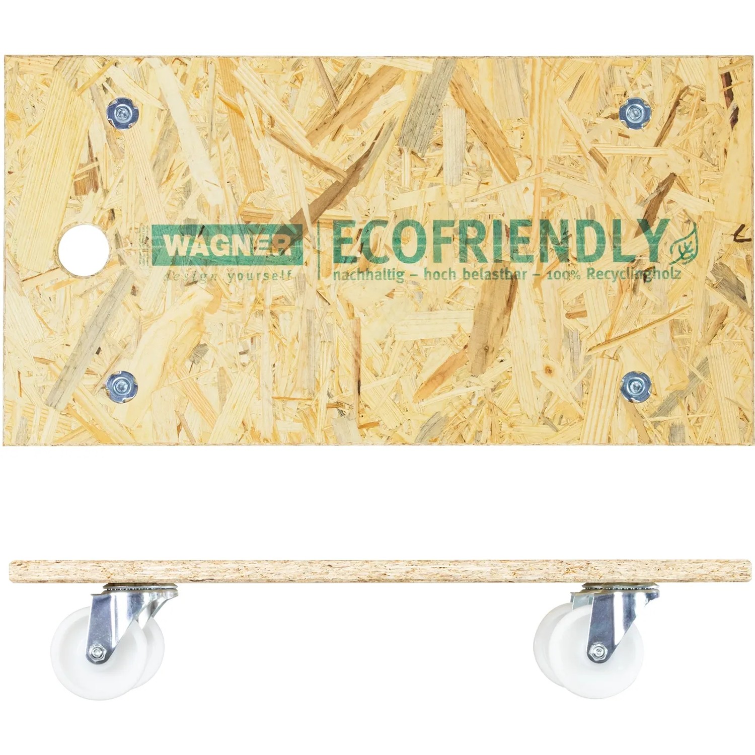 Wagner Transporthilfe mit OSB-Platte, 250 kg Tragkraft, 575x300 mm, vier Rollen.