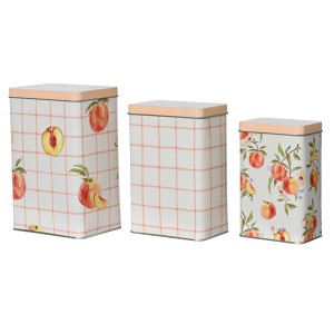 3er Set Vorratsdosen mit Pfirsich-Motiv, bunt und dekorativ.