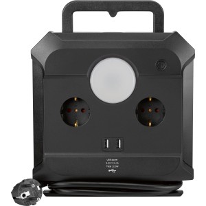 Schwarze Kabeltrommel mit USB, Leuchte und 2 Schuko-Steckdosen, 1,4 m Kabel.