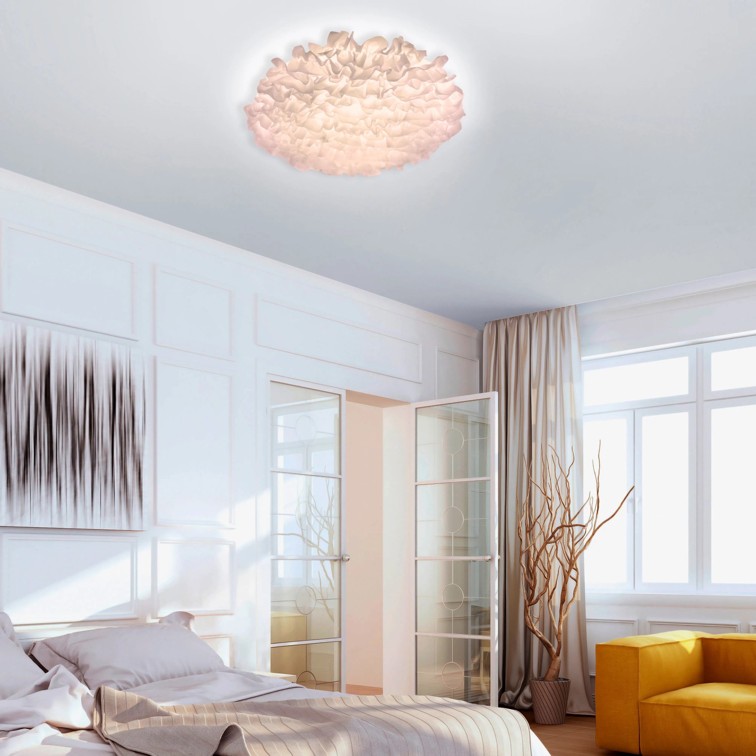 Smarte LED-Deckenleuchte LOLAsmart-Naomi, Ø 75 cm, weiße Stoffoptik. Lichtfarbe und Helligkeit per App steuerbar.