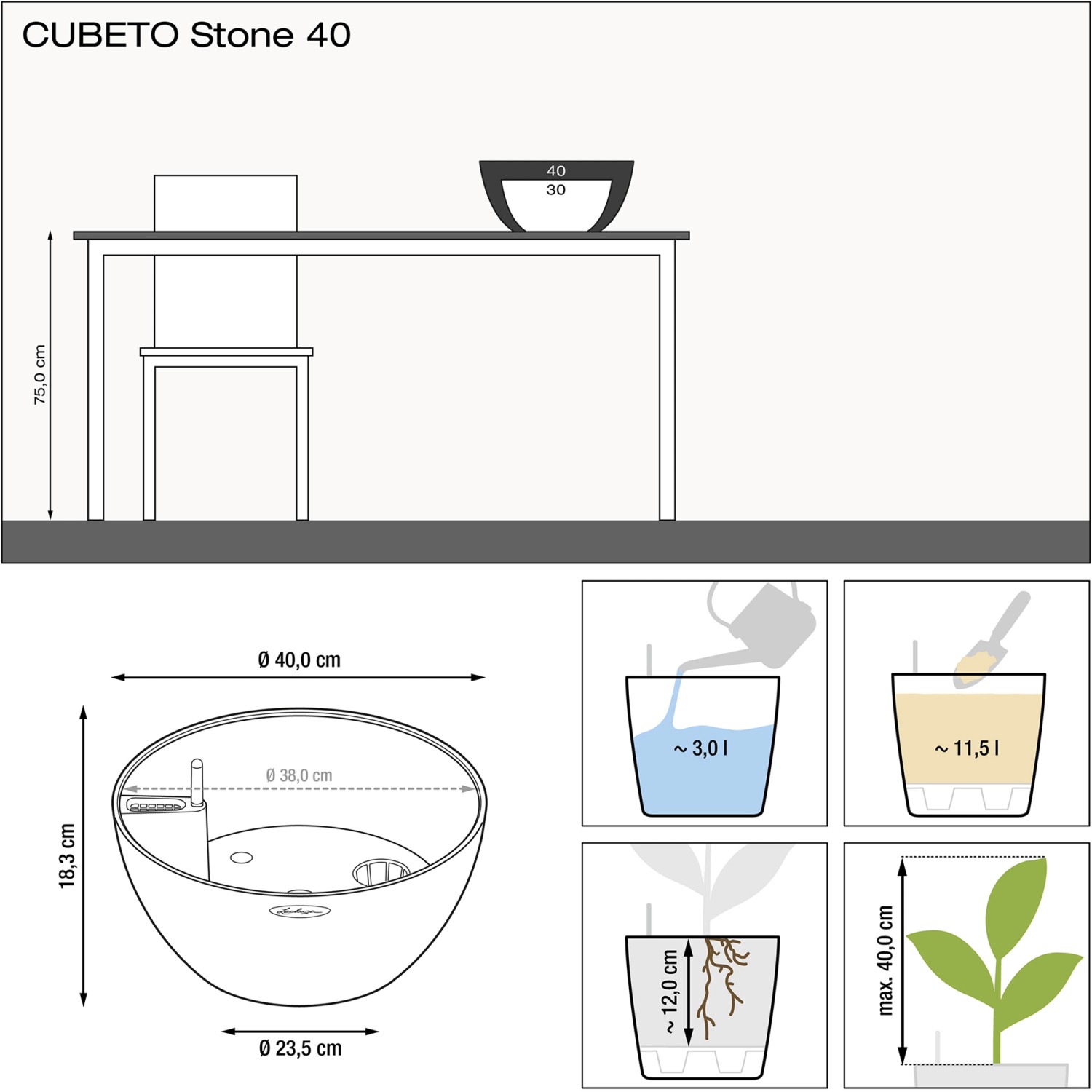 Skizze Lechuza Cubeto Stone 40 Pflanzschale, Steingrau, mit Maßen und Füllmengen.