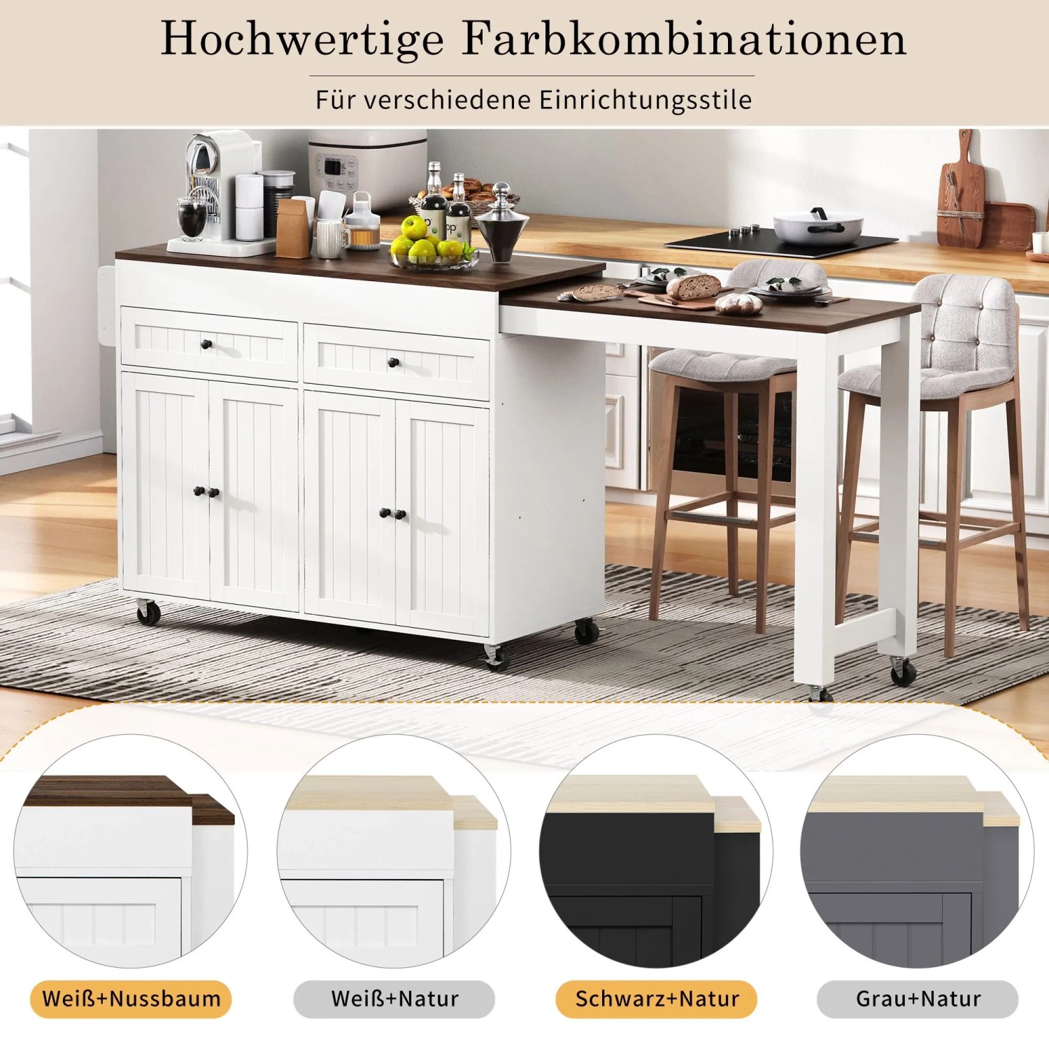 okwish Kücheninsel mit Ausziehfunktion Rollen Schubladen 112-180.5x45x92.2cm Weiß Braun_8