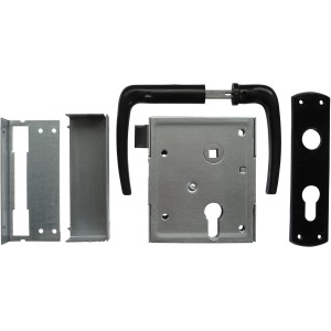 Universal-Kastenschloss mit Profilzylinder, schließender Falle und schwarzer Garnitur.