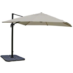 Cremefarbener MCW Ampelschirm 3,5x3,5m mit grauem Ständer und Bodenkreuz.
