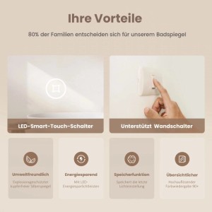 Emke LED Badspiegel Vorteile: Touch-Schalter, Wandschalter, Speicherfunktion, energiesparend, hohe Farbwiedergabe.