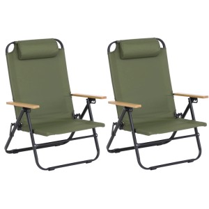 2er-Set grüne klappbare Campingstühle mit verstellbarer Rückenlehne, Metallgestell und Bambus-Armlehnen.