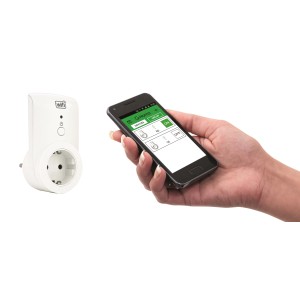 Weiße WLAN Steckdose mit Smartphone-Steuerung für Hausfunksteuerung.