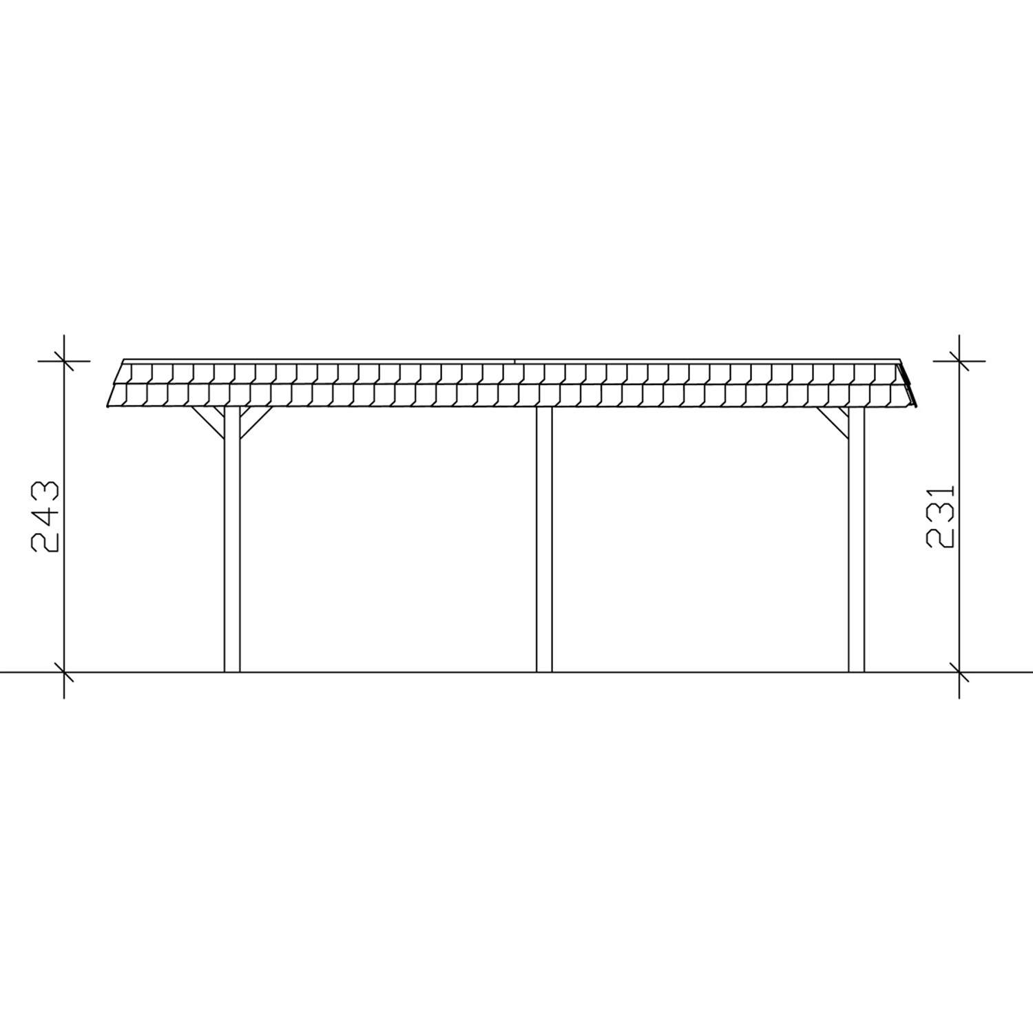 Technische Zeichnung: Skan Holz Carport Wendland, Natur, 362x628 cm, Alu-Dach, Blende Rot, Maße